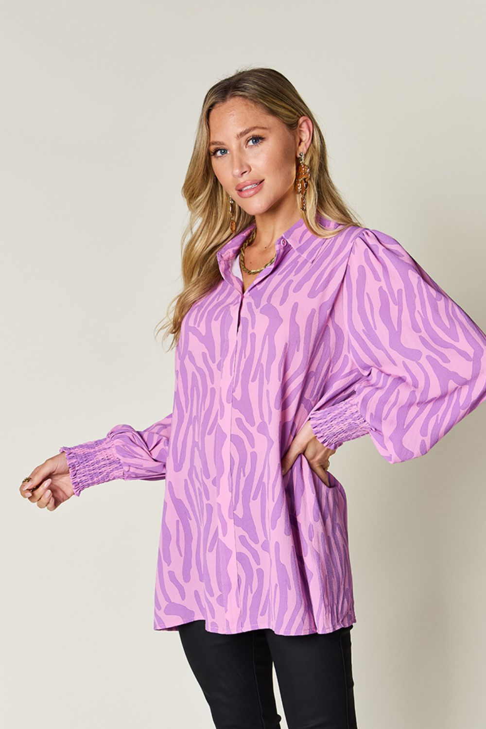 Smocked Long Sleeve Top with Alluring Print