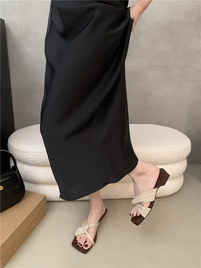 Women French Unique Design Block Heel Slide Sandals, 2026 New Summer Square Toe Open Toe Mid Heel Outdoor Slippers
