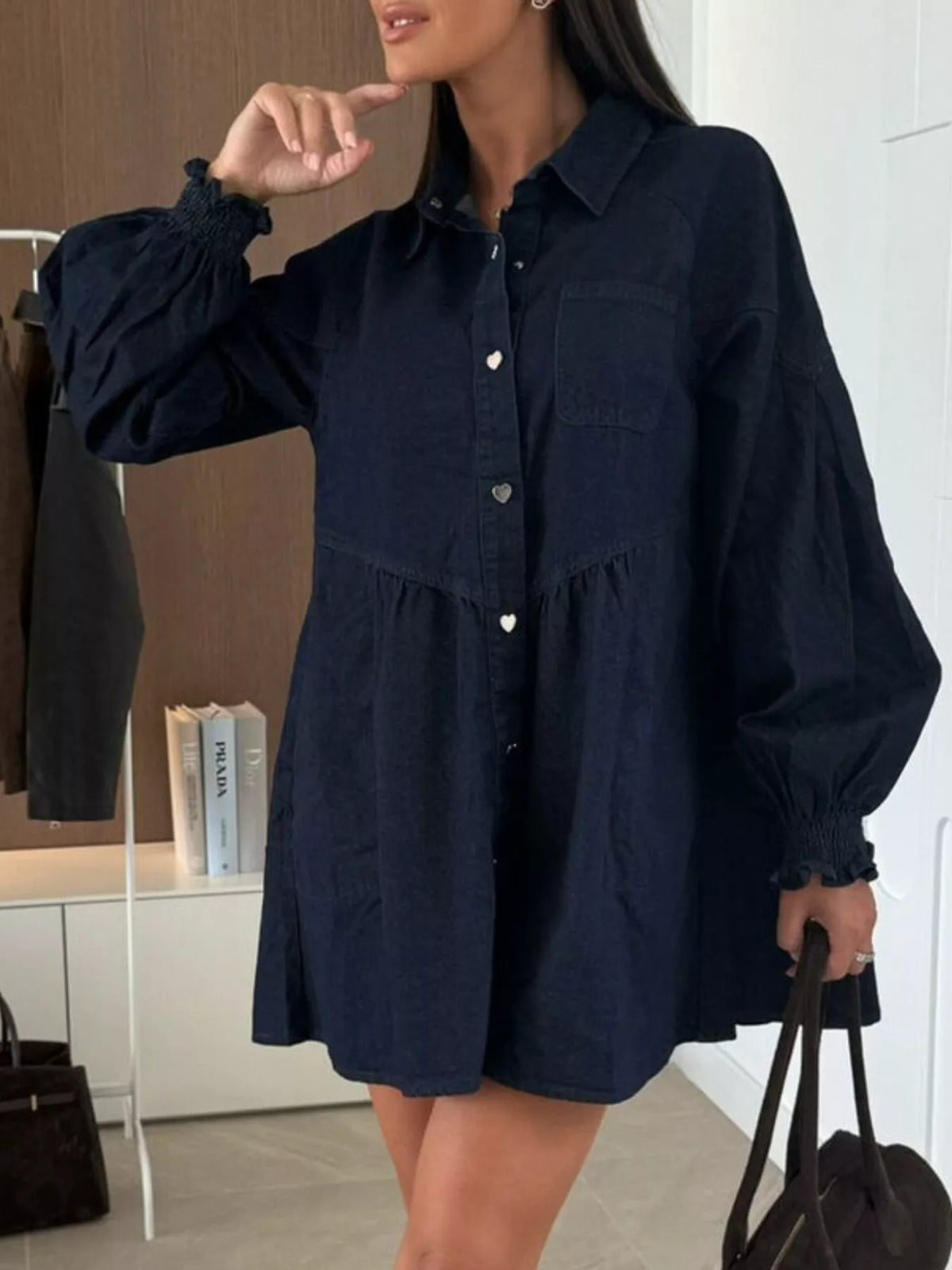 Button Down Mini Denim Dress with Front Pockets