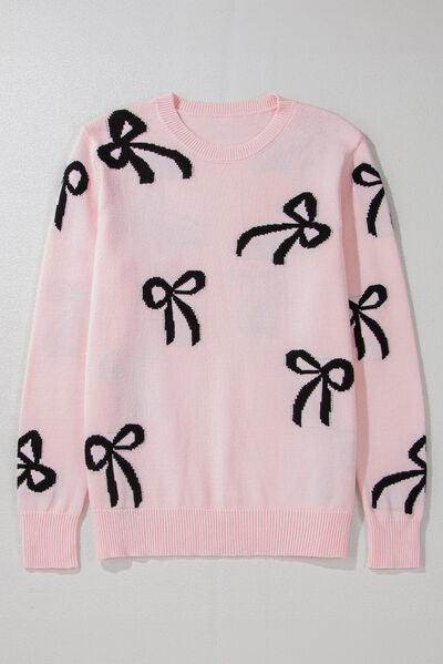 Bow Pattern Round Neck Loose Fit Sweater for Women