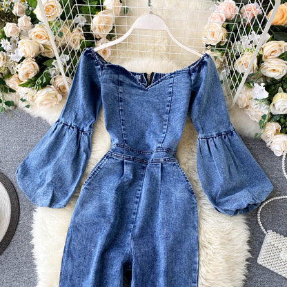 Sexy One-Line Neck Strapless Puff Sleeve Jumpsuit Women