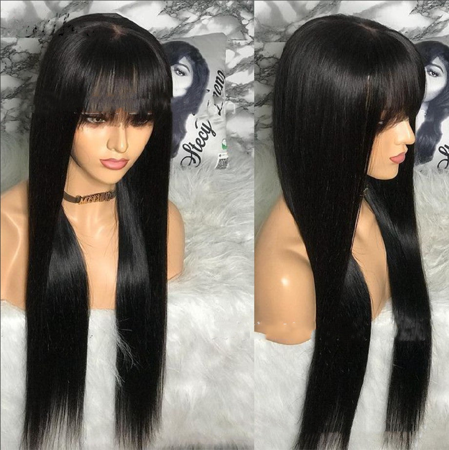 Black Long Straight Wig with Qi Bangs