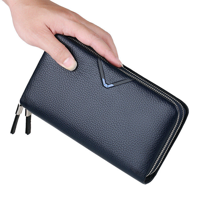 Cowhide Zipper Multifunctional Business Clutch, Large Capacity Can Hold Mobile Phone