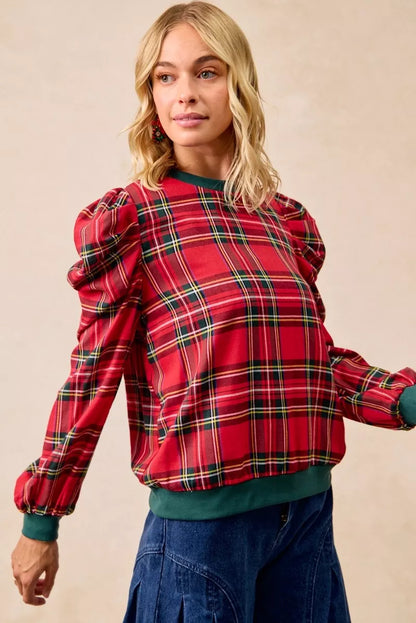 BiBi Christmas Plaid Exaggerated Shoulder Sleeves Top