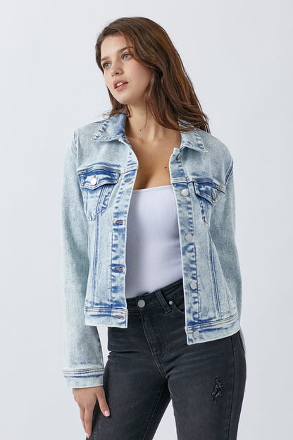 Button Up Washed Jacket Blue Classic Buttoned Jacket With Pocket Detail For Women