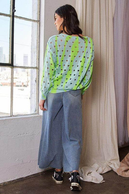 Davi &amp; Dani Two-Tone Ribbed Hem Openwork Knit Top Style