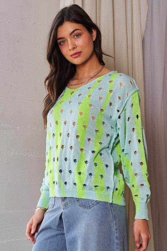 Davi &amp; Dani Two-Tone Ribbed Hem Openwork Knit Top Style