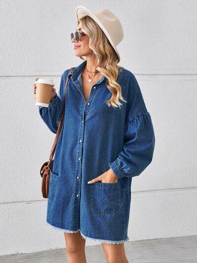 Button Up Pocketed Raw Hem Denim Dress for Women