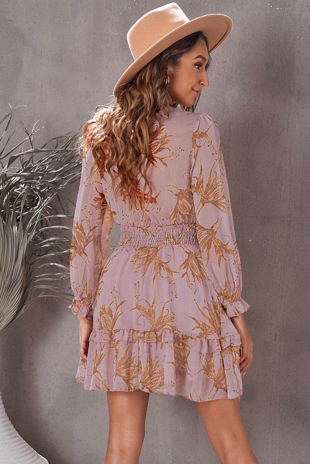 Floral Deep V Flounce Sleeve Mini Dress for Casual Chic