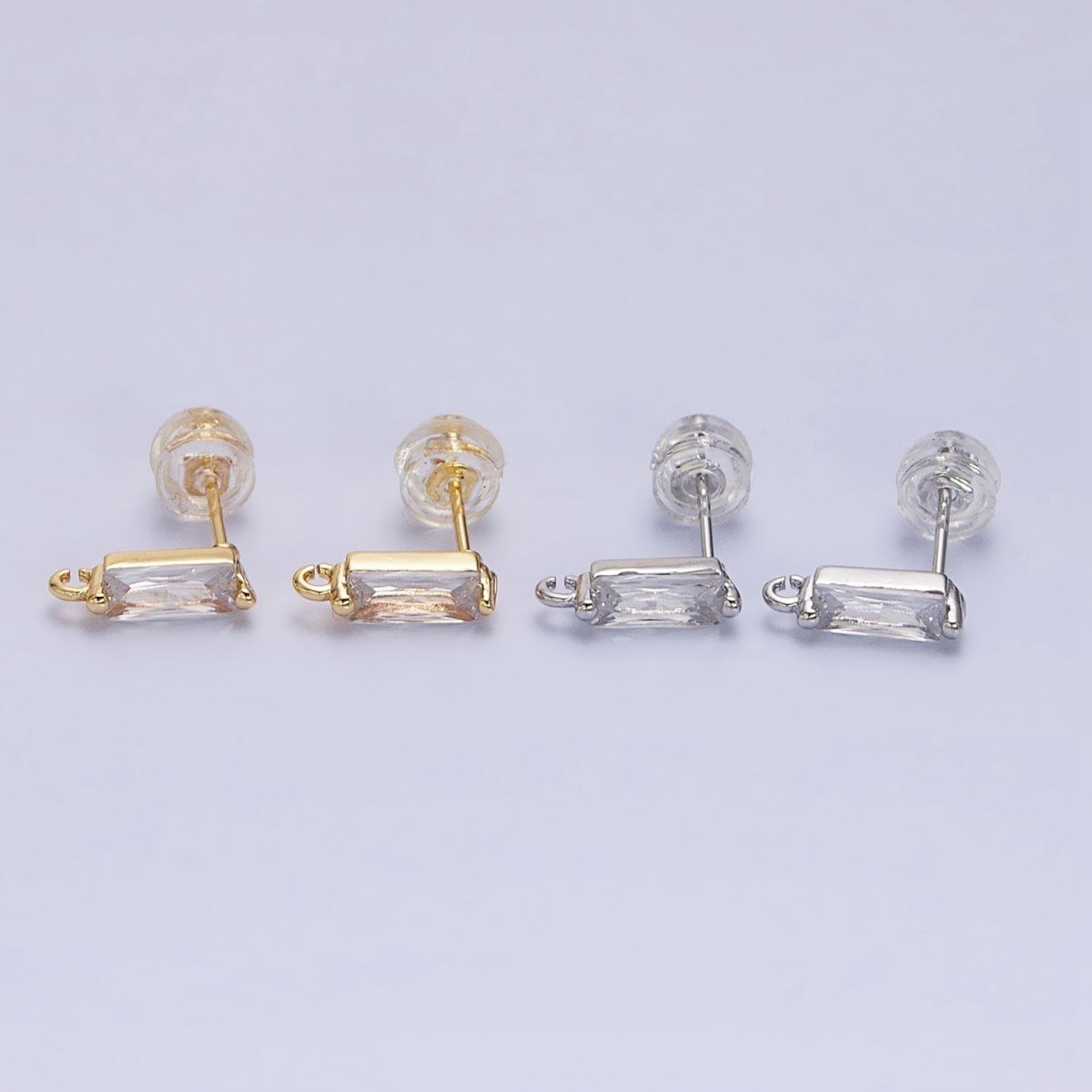 16K Gold Filled 10.5mm Clear CZ Baguette Open Loop Stud Earrings Supply in Gold &amp; Silver | Z-369 Z-370