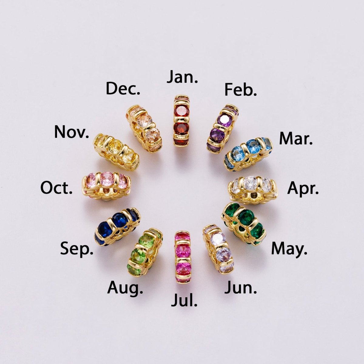 16K Gold Filled 10.5mm Personalized Birthstone Micro Paved Round CZ Rondelle Spacer Set | Beads-00113 - Beads-00124