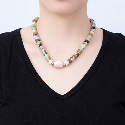 16K Gold Filled 10mm Amazonite Tube Rondelle Gemstone Chain 18 Inch w. Push Gate Extender | WA-00051
