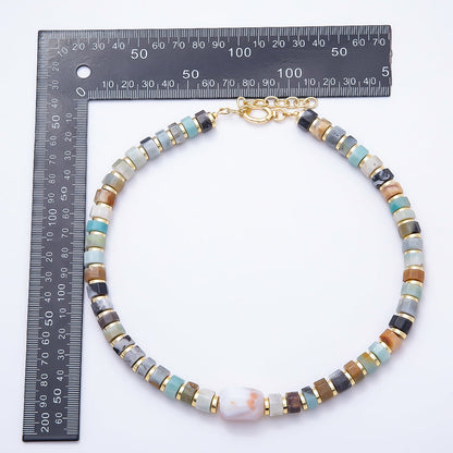 16K Gold Filled 10mm Amazonite Tube Rondelle Gemstone Chain 18 Inch w. Push Gate Extender | WA-00051