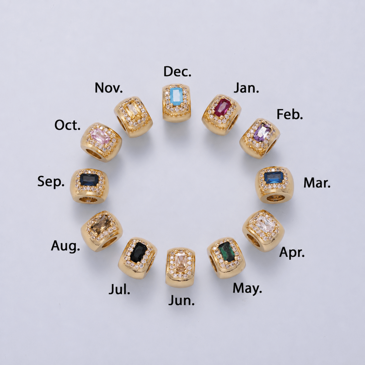 16K Gold Filled 10mm Birthstone Baguette Micro Paved CZ Chubby Rondelle Bead | Beads-00363 ~ Beads-00374