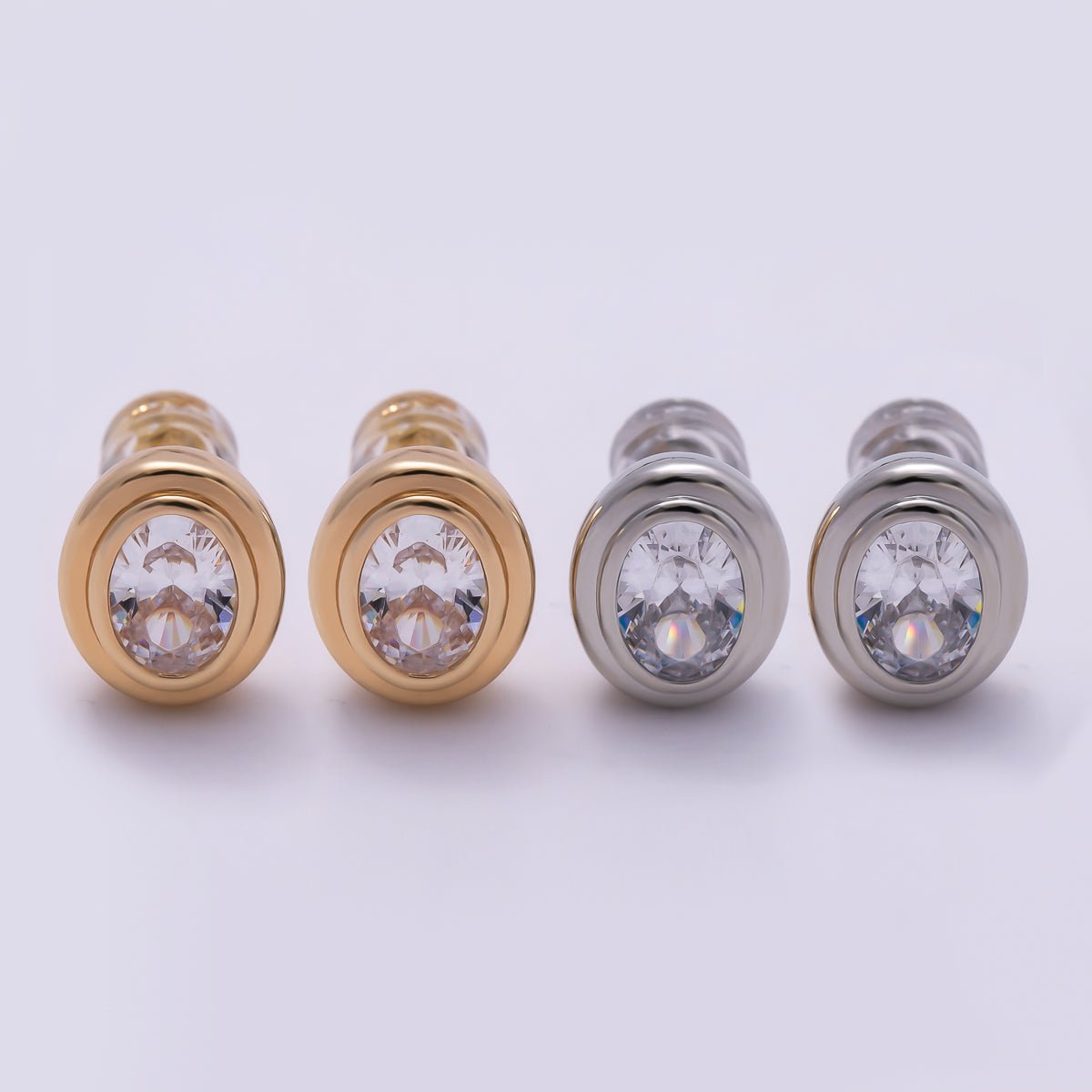 16K Gold Filled 10mm Clear CZ Oval Bezel Stud Earrings in Gold &amp; Silver | Earrings-00413 Earrings-00414