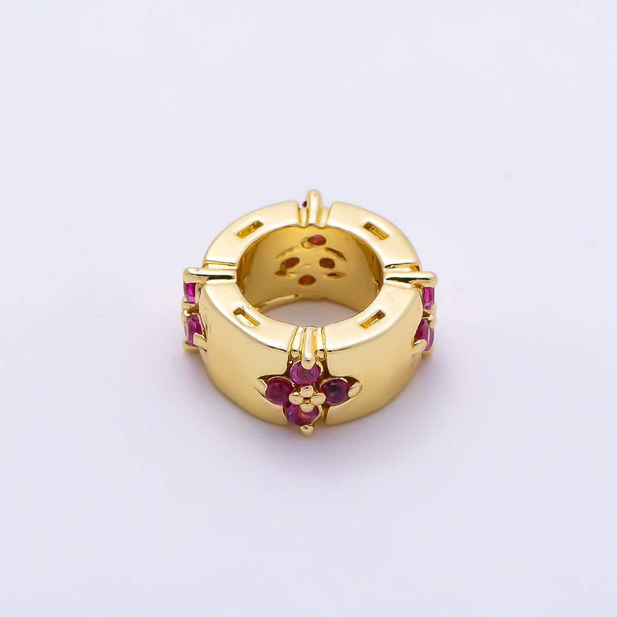 16K Gold Filled 10mm Fuchsia CZ Flower Clover Rondelle Bead | Beads-00488