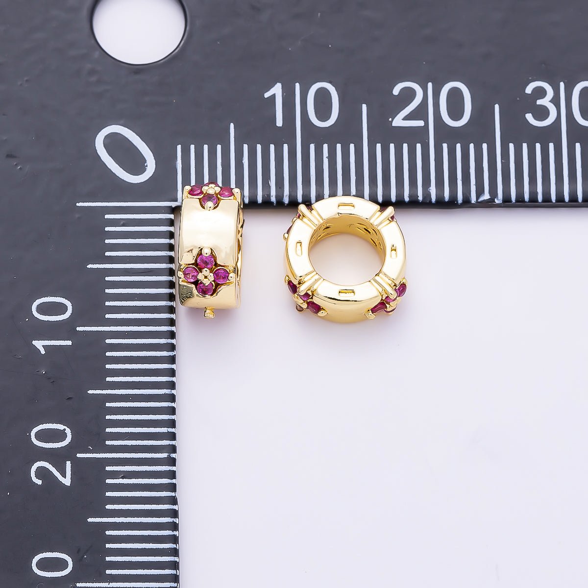 16K Gold Filled 10mm Fuchsia CZ Flower Clover Rondelle Bead | Beads-00488
