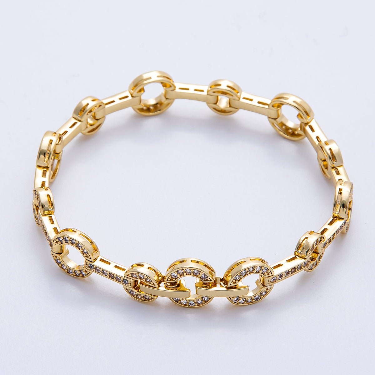 16K Gold Filled 10mm Micro Paved CZ Rolo Chain 7 Inch Adjustable Bracelet | WA-04046