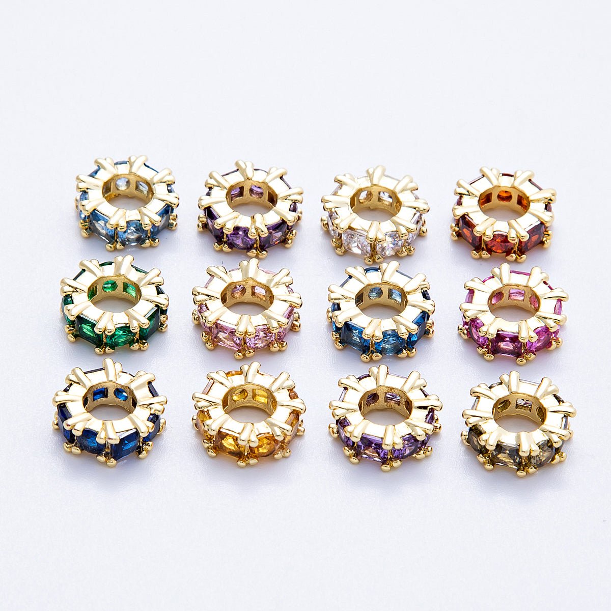 16K Gold Filled 10mm Personalized Baguette Birthstone CZ Rondelle Spacer Set | Beads-00089 - Beads-00100