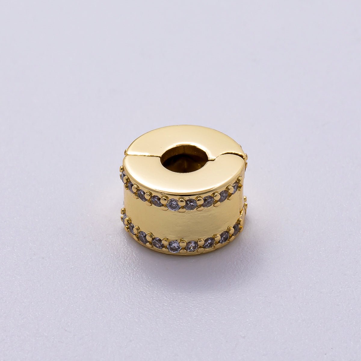 16K Gold Filled 10mm Snap Clip Open Micro Paved CZ Spacer Rondelle | Beads-00234