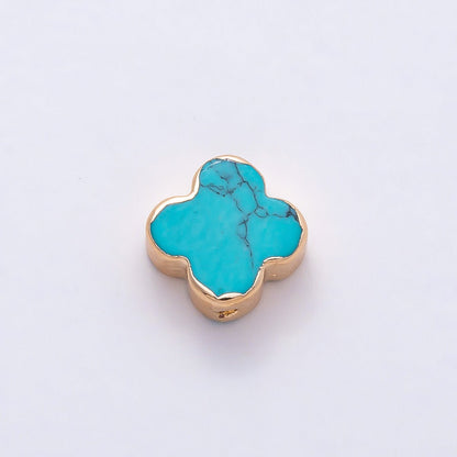 16K Gold Filled 10mm Teal Blue Turquoise Gemstone Foil Clover Spacer Bead | Beads-00324