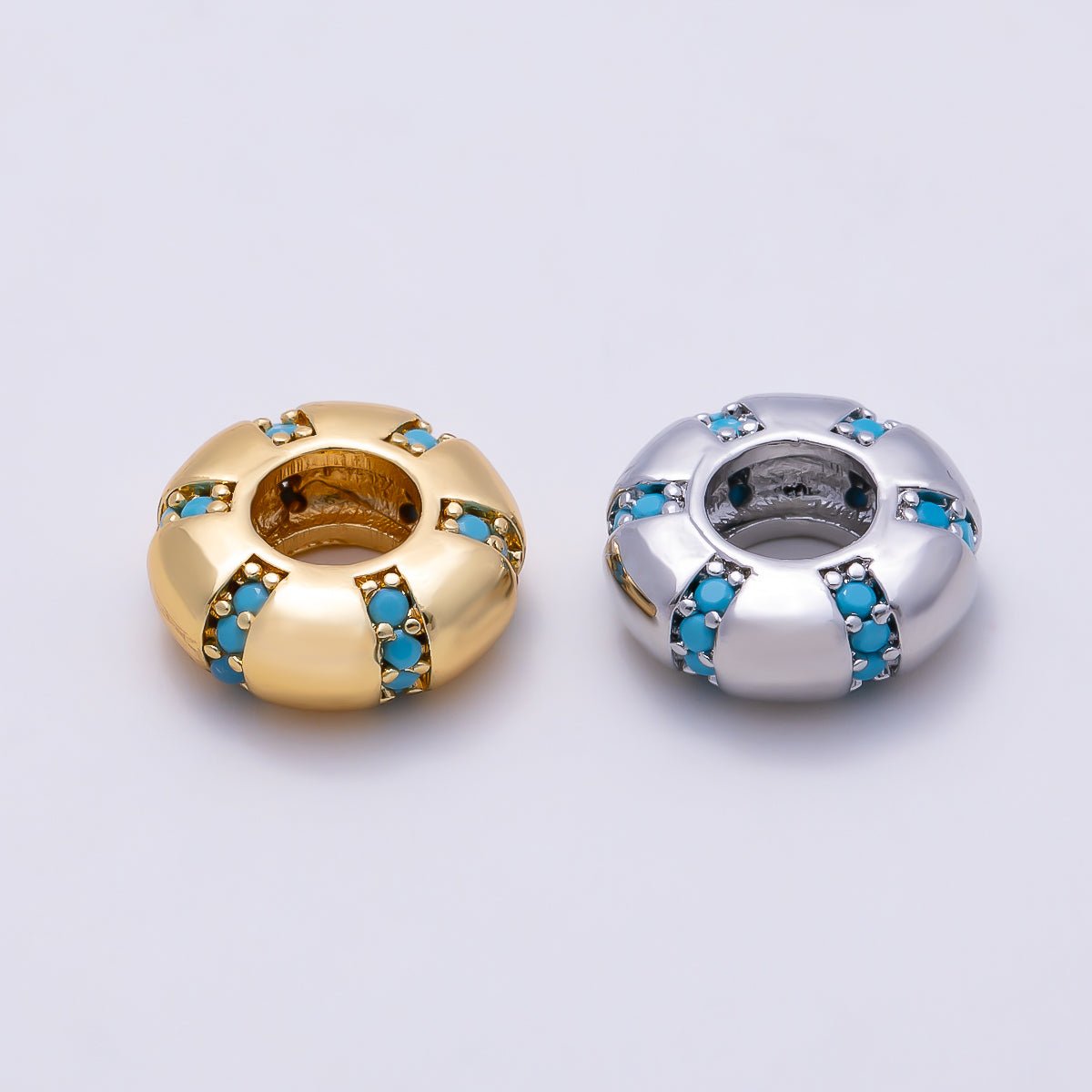 16K Gold Filled 10mm Turquoise Micro Paved Lined Rondelle Bead in Gold &amp; Silver | Beads-00516 Beads-00517
