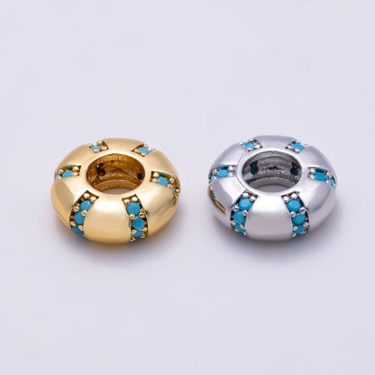16K Gold Filled 10mm Turquoise Micro Paved Lined Rondelle Bead in Gold &amp; Silver | Beads-00516 Beads-00517