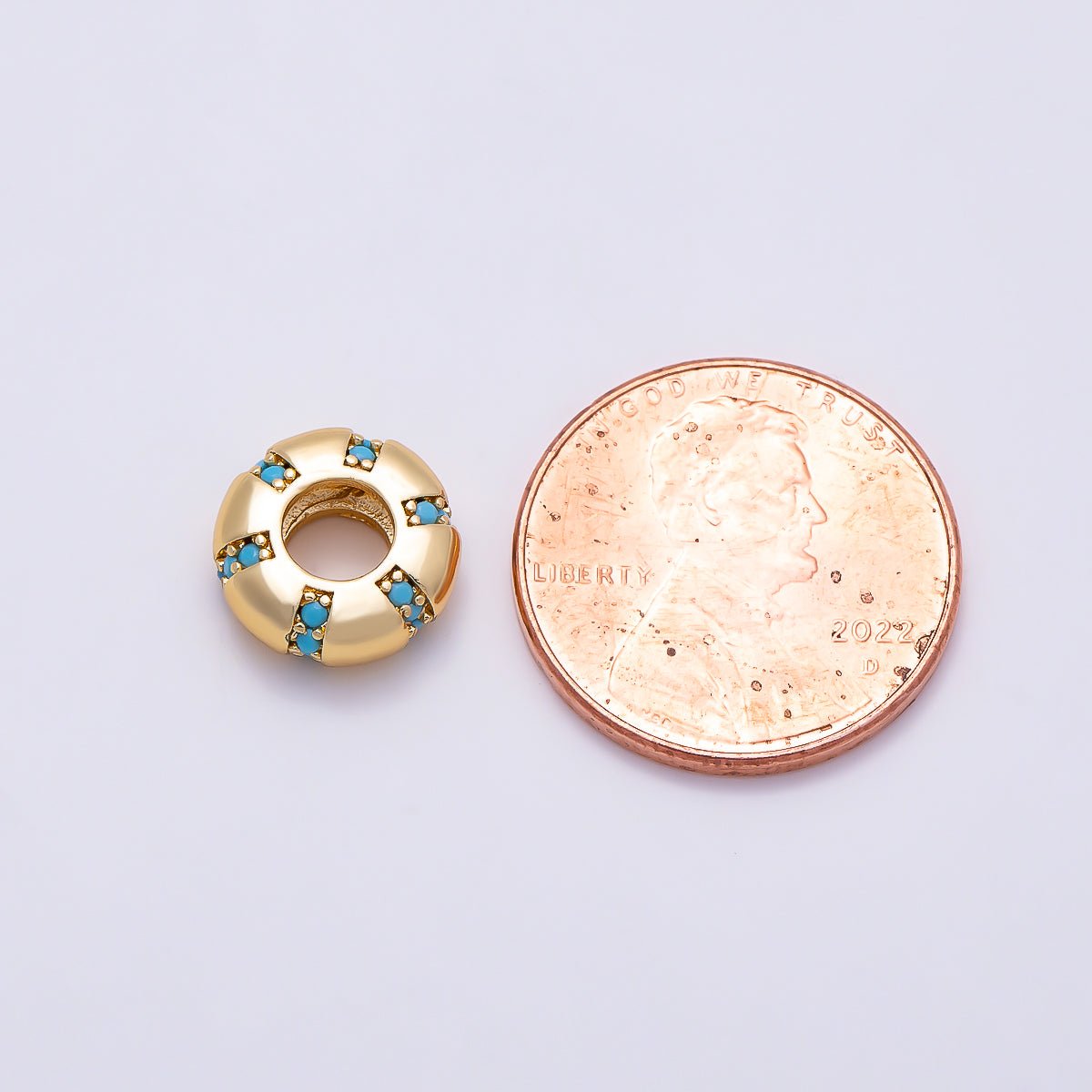 16K Gold Filled 10mm Turquoise Micro Paved Lined Rondelle Bead in Gold &amp; Silver | Beads-00516 Beads-00517