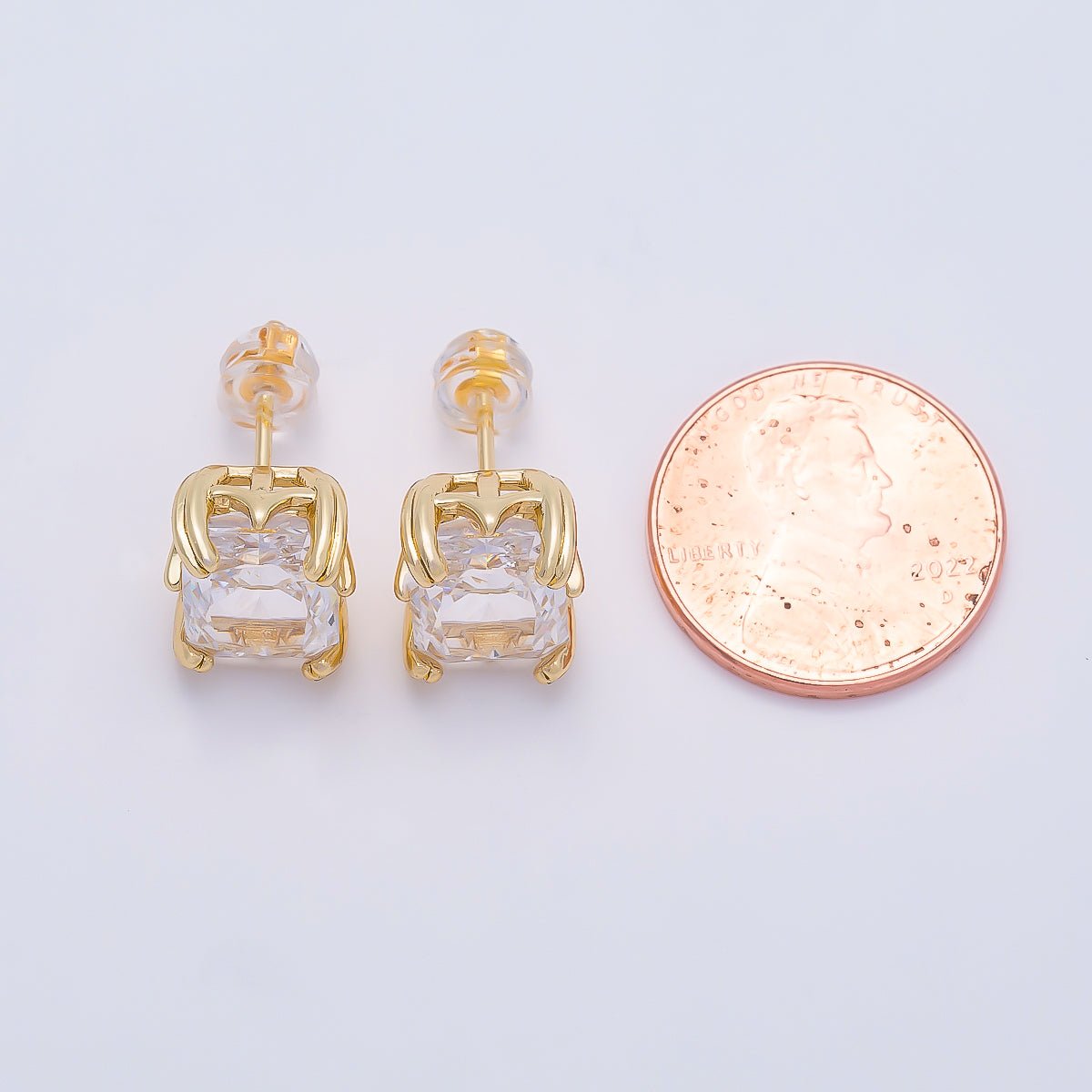 16K Gold Filled 11.5mm Clear CZ Baguette Claw Prong Stud | Earrings-00693