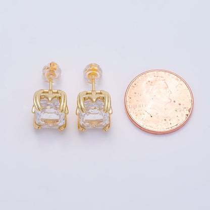 16K Gold Filled 11.5mm Clear CZ Baguette Claw Prong Stud | Earrings-00693