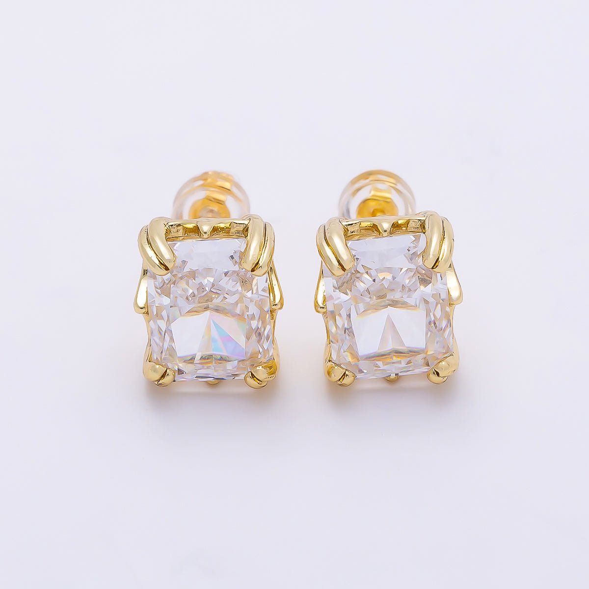 16K Gold Filled 11.5mm Clear CZ Baguette Claw Prong Stud | Earrings-00693