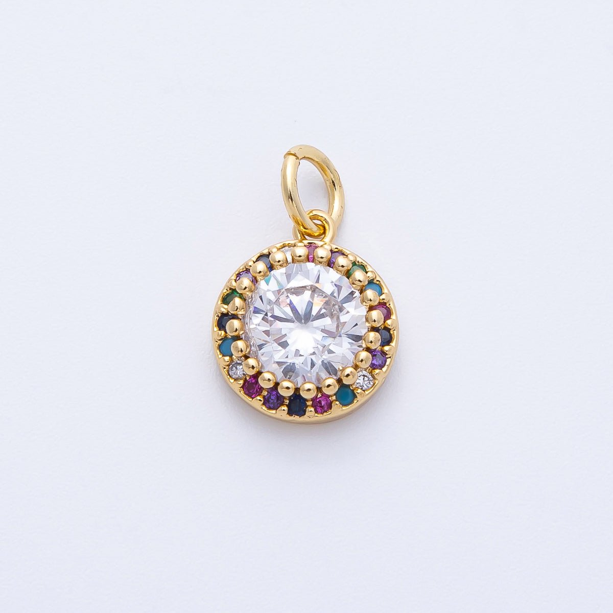 16K Gold Filled 11.5mm Multicolor Clear Micro Paved CZ Round Charm | Charms-00391
