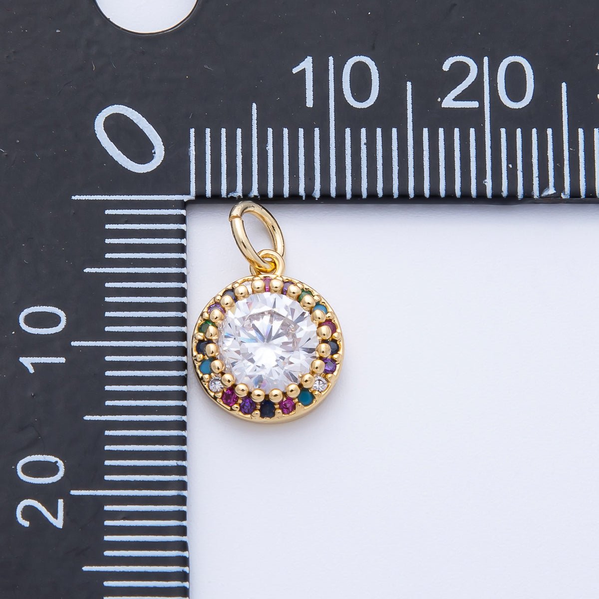 16K Gold Filled 11.5mm Multicolor Clear Micro Paved CZ Round Charm | Charms-00391