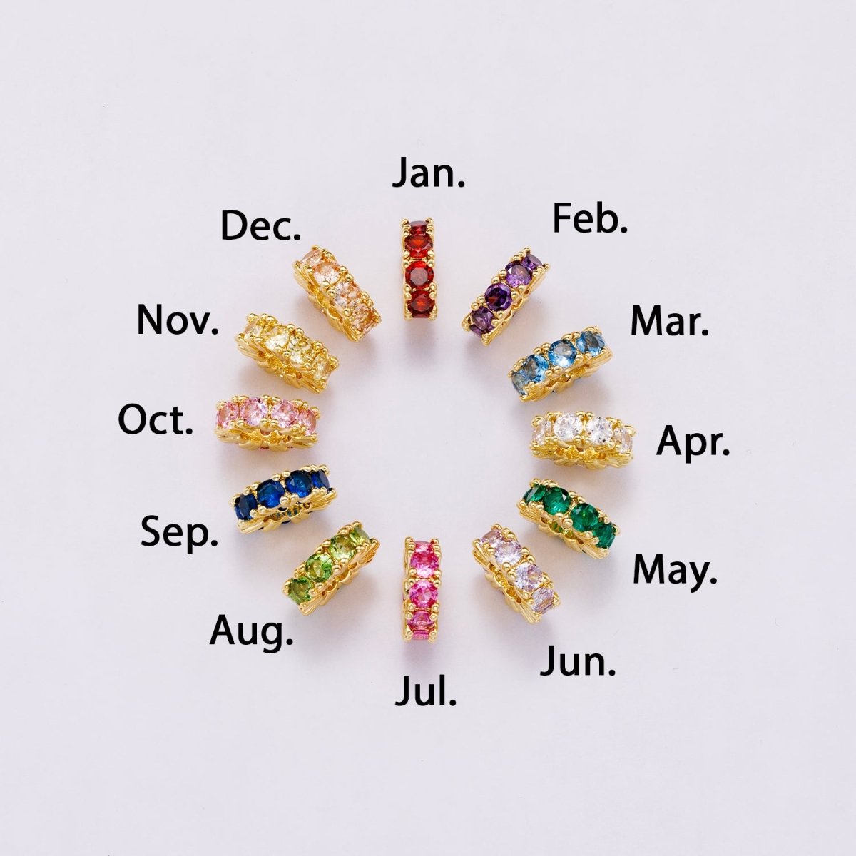 16K Gold Filled 11mm Birthstone Micro Paved CZ Personalized Rondelle Spacer Set | Beads-00065 ~ Beads-00076