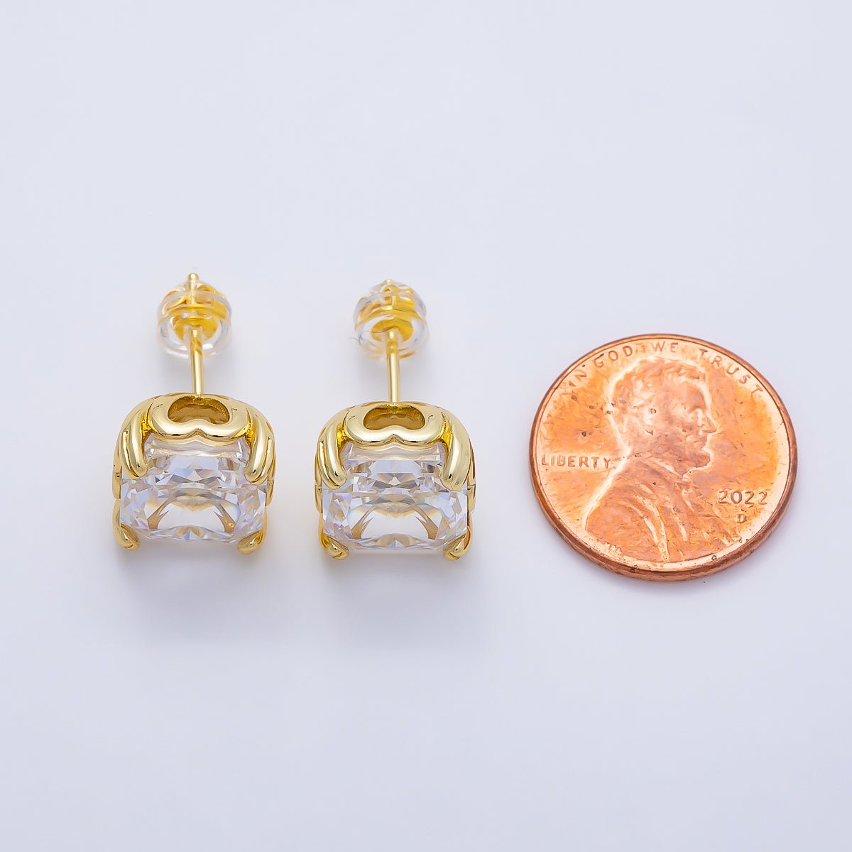 16K Gold Filled 11mm Clear CZ Baguette Square Prong Stud | Earrings-00678