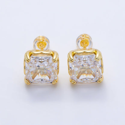 16K Gold Filled 11mm Clear CZ Baguette Square Prong Stud | Earrings-00678