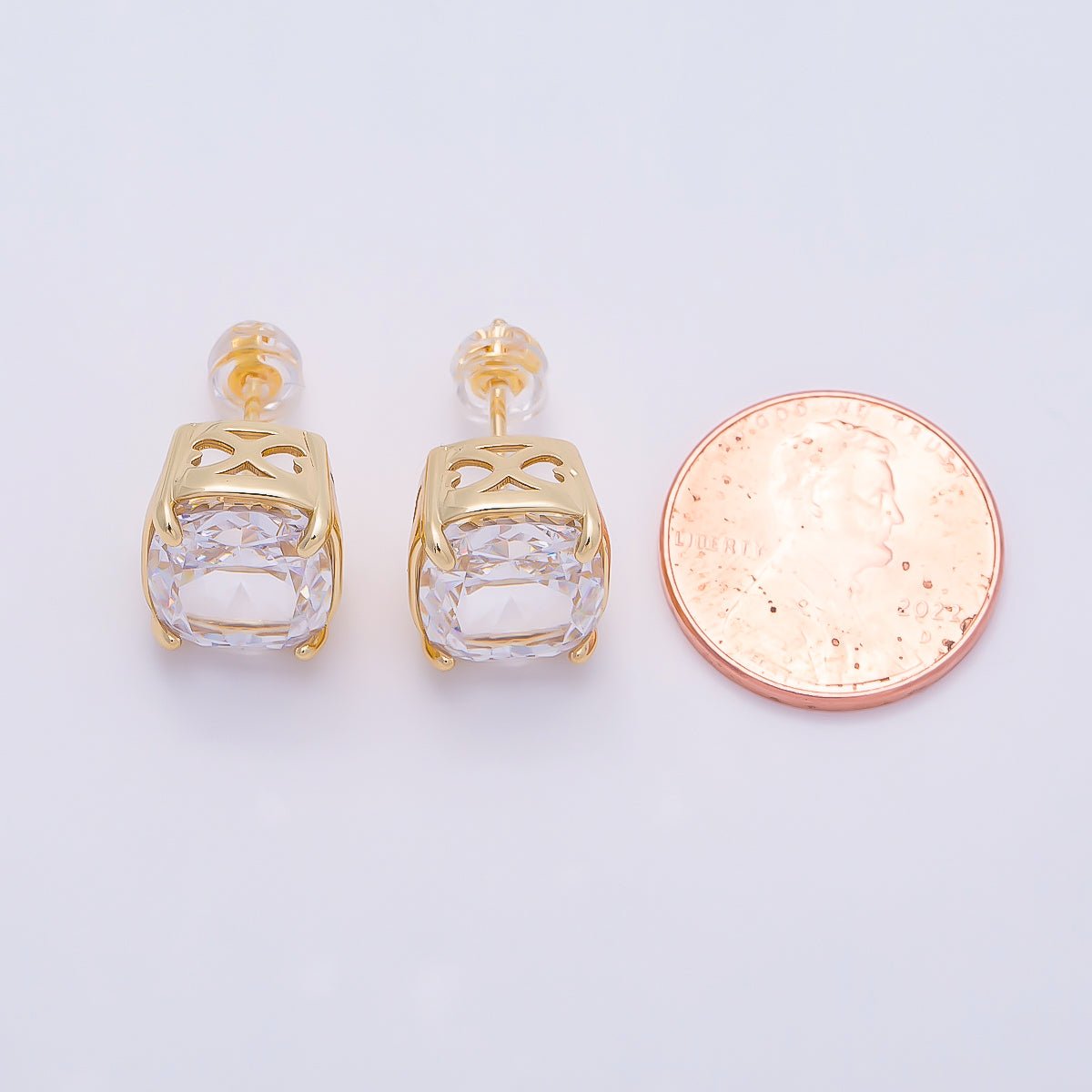 16K Gold Filled 11mm Clear CZ Rounded Oval Baguette Prong Stud | Earrings-00694