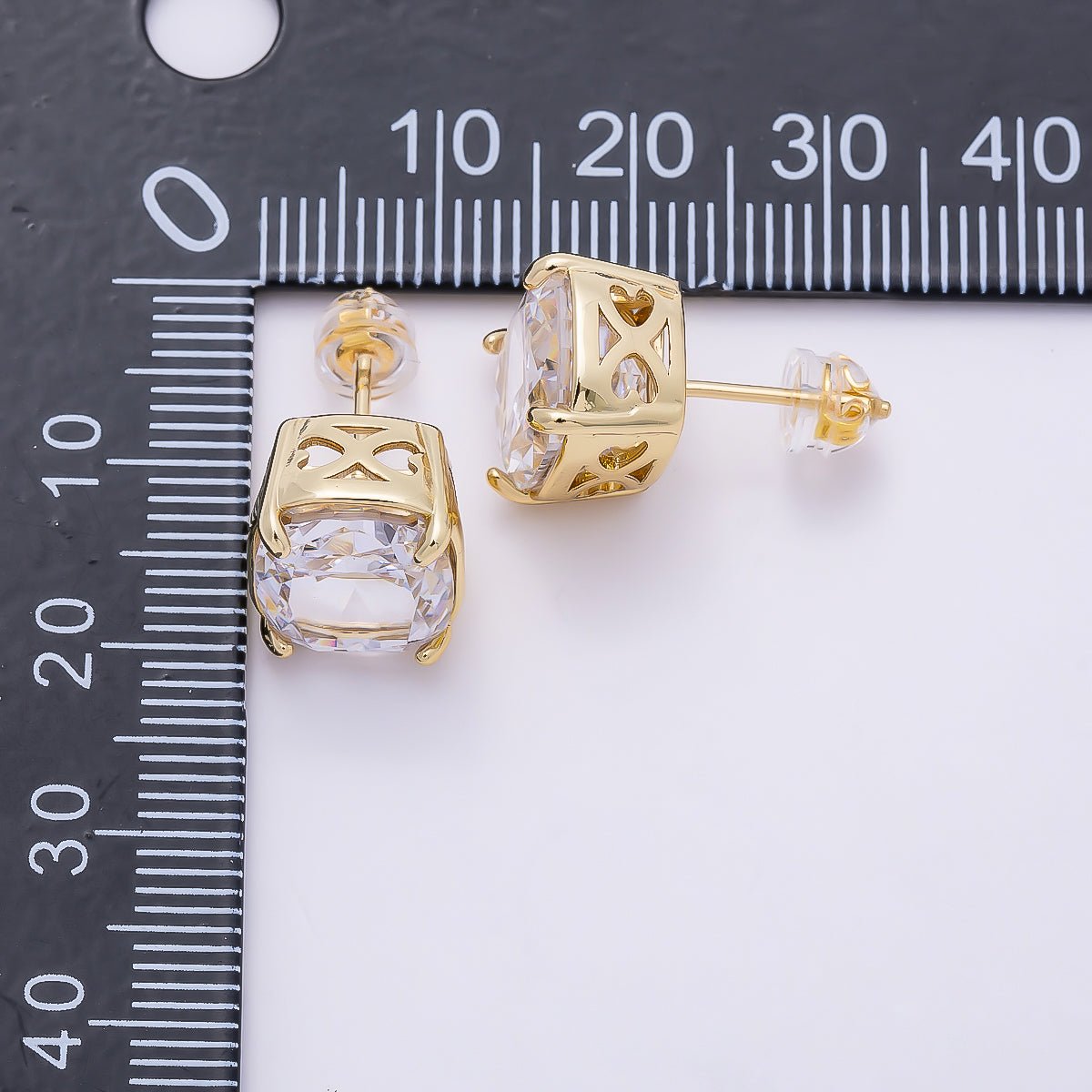 16K Gold Filled 11mm Clear CZ Rounded Oval Baguette Prong Stud | Earrings-00694