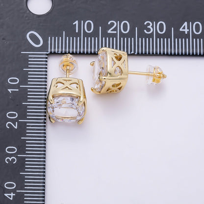 16K Gold Filled 11mm Clear CZ Rounded Oval Baguette Prong Stud | Earrings-00694