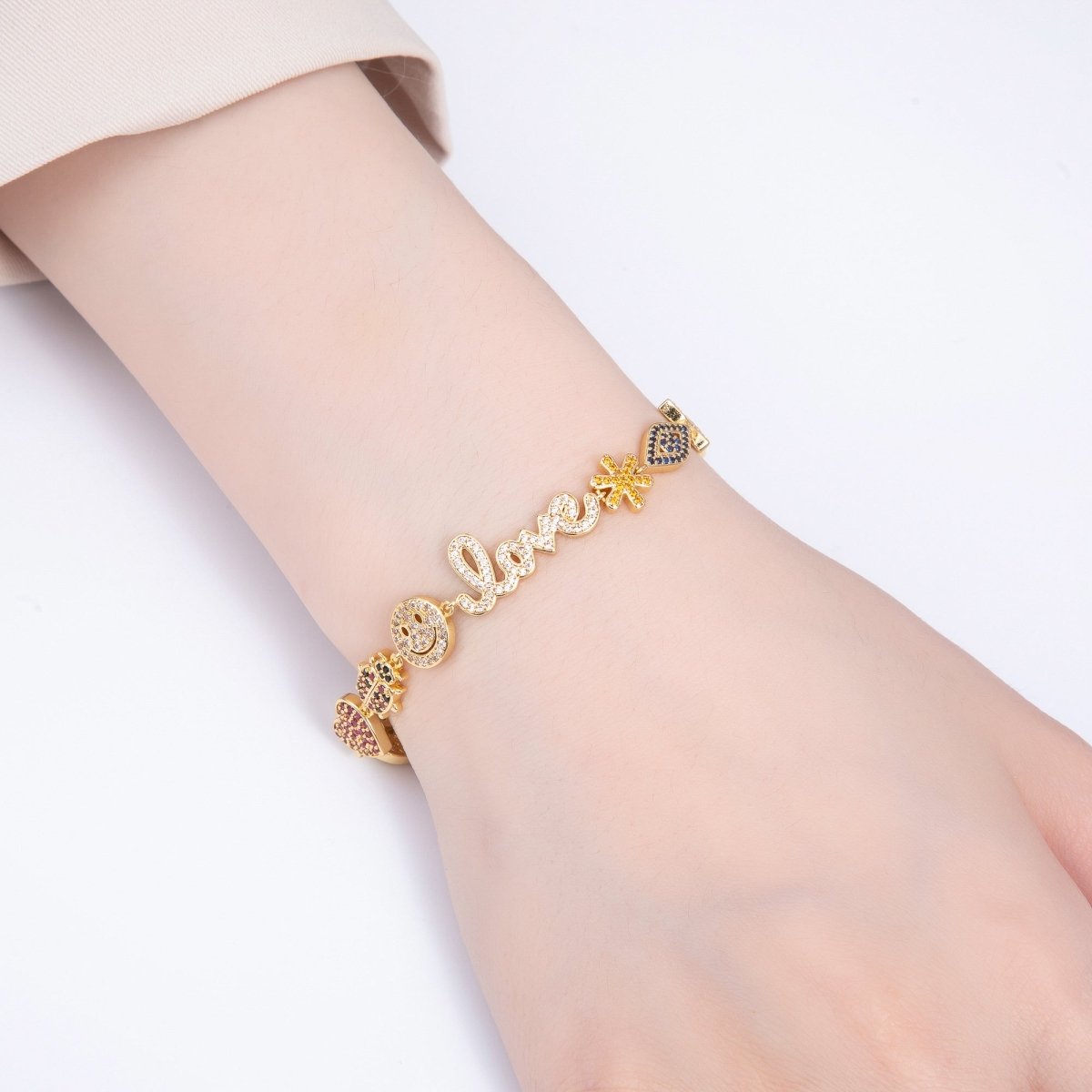 16K Gold Filled 11mm "Love" Multicolor Micro Paved 5 Inch Charm Bracelet | WA-04044