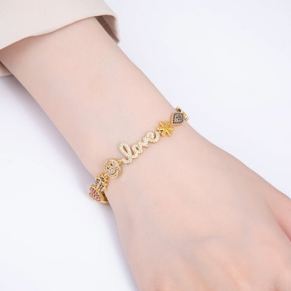 16K Gold Filled 11mm "Love" Multicolor Micro Paved 5 Inch Charm Bracelet | WA-04044