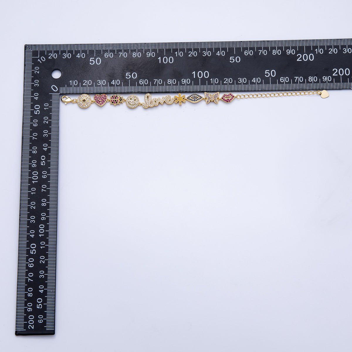 16K Gold Filled 11mm "Love" Multicolor Micro Paved 5 Inch Charm Bracelet | WA-04044