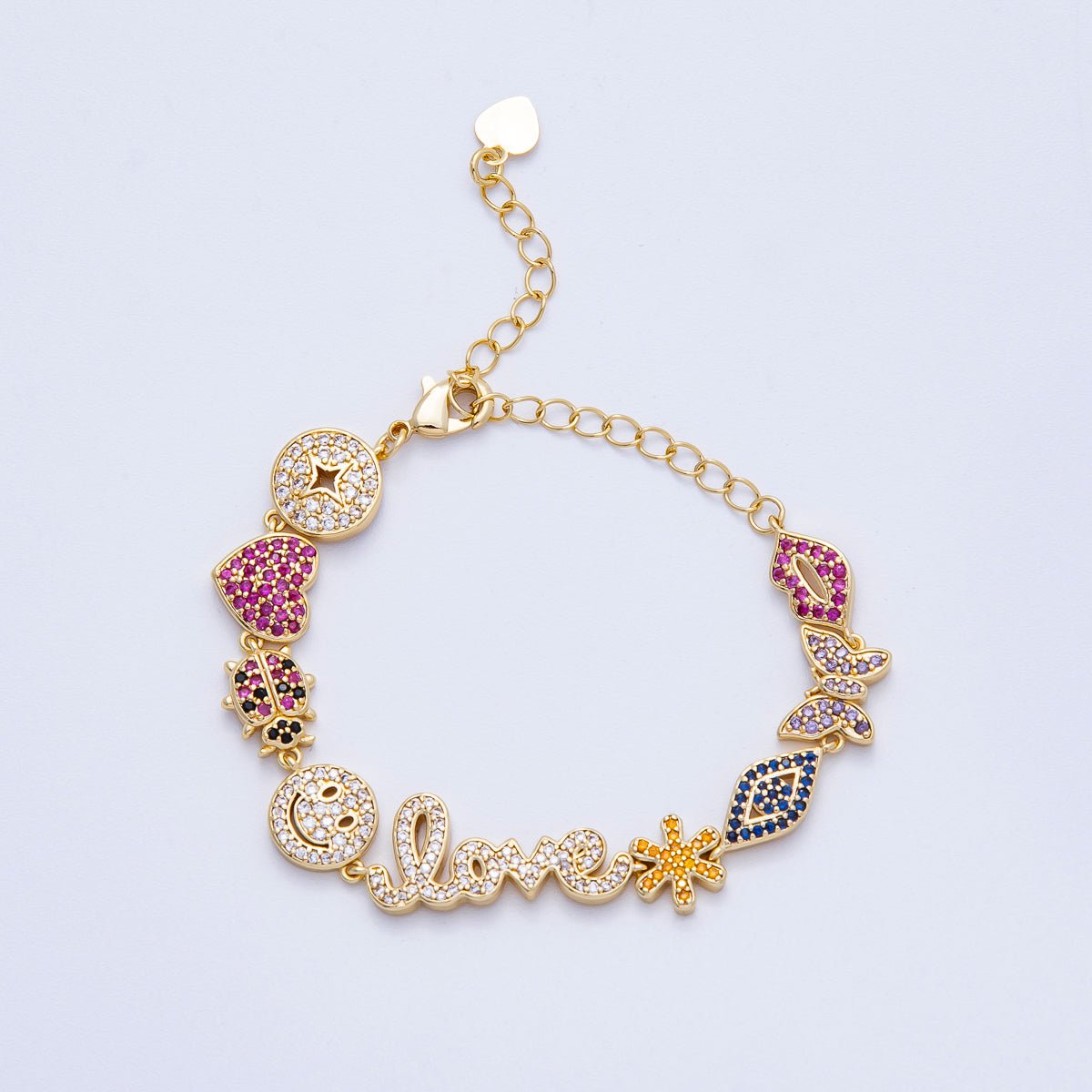 16K Gold Filled 11mm "Love" Multicolor Micro Paved 5 Inch Charm Bracelet | WA-04044