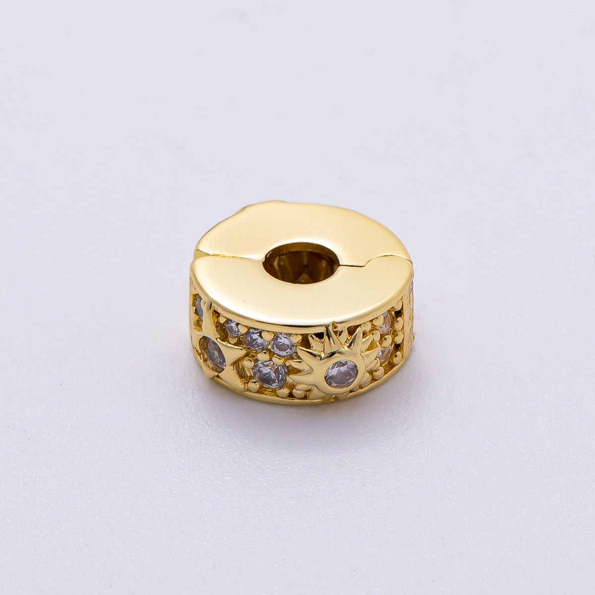 16K Gold Filled 11mm Snap Clip Open Micro Paved CZ Celestial Sun Star Spacer Rondelle | Beads-00232