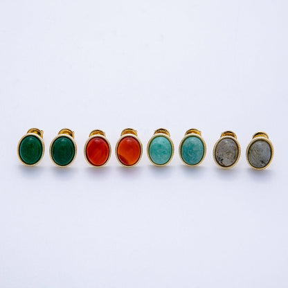 16K Gold Filled 12mm Amazonite, Carnelian, Green Agate, Labradorite Oval Gemstone Bezel Stud Earrings | EARRINGS-00234 - EARRINGS-00237