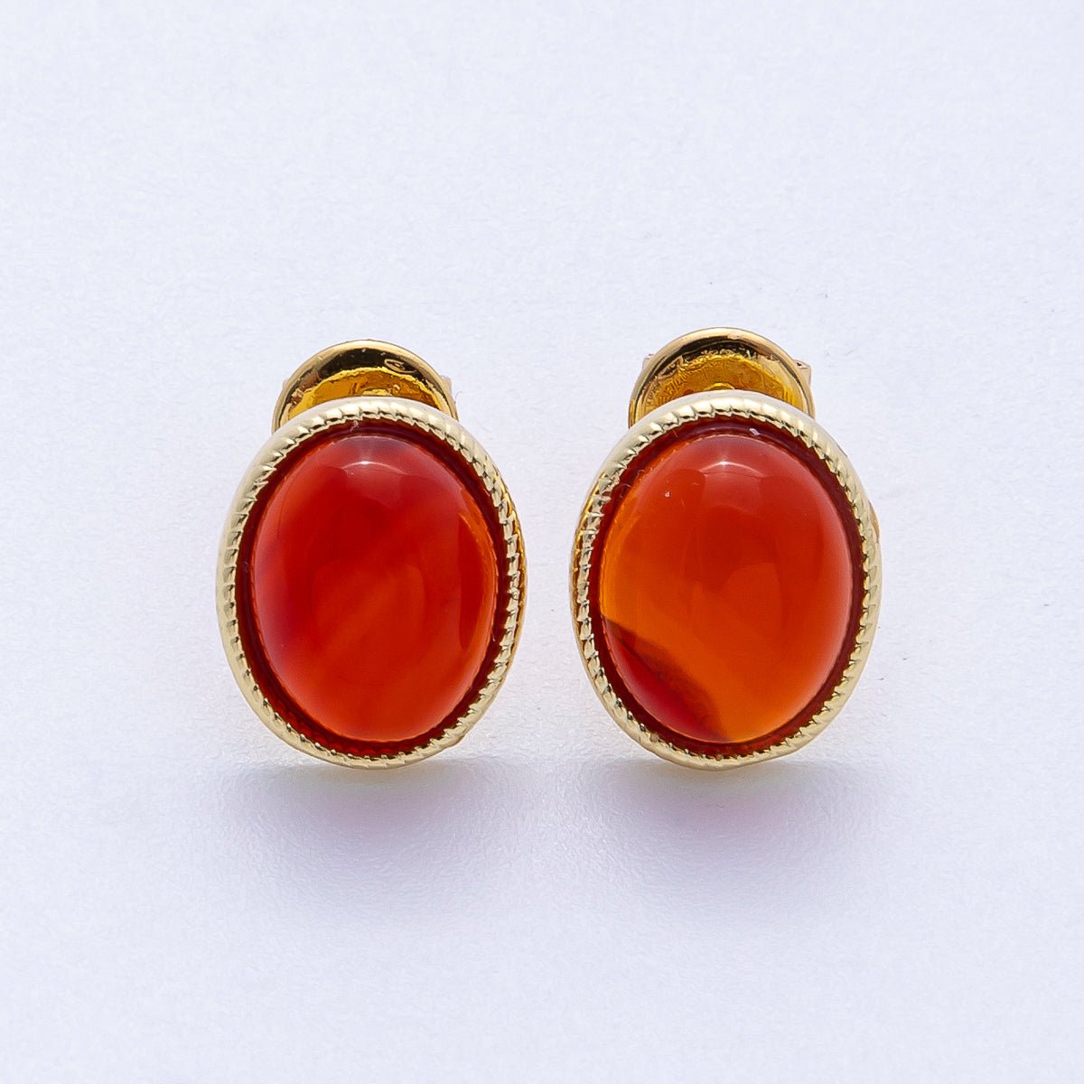 16K Gold Filled 12mm Amazonite, Carnelian, Green Agate, Labradorite Oval Gemstone Bezel Stud Earrings | EARRINGS-00234 - EARRINGS-00237
