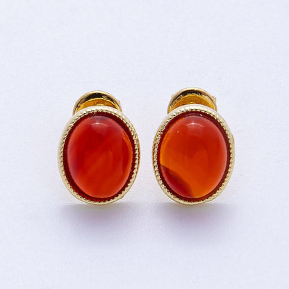 16K Gold Filled 12mm Amazonite, Carnelian, Green Agate, Labradorite Oval Gemstone Bezel Stud Earrings | EARRINGS-00234 - EARRINGS-00237