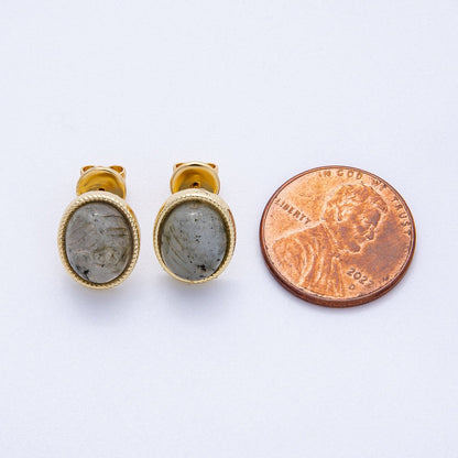 16K Gold Filled 12mm Amazonite, Carnelian, Green Agate, Labradorite Oval Gemstone Bezel Stud Earrings | EARRINGS-00234 - EARRINGS-00237