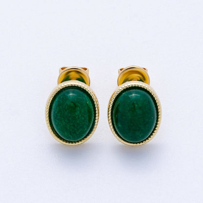 16K Gold Filled 12mm Amazonite, Carnelian, Green Agate, Labradorite Oval Gemstone Bezel Stud Earrings | EARRINGS-00234 - EARRINGS-00237