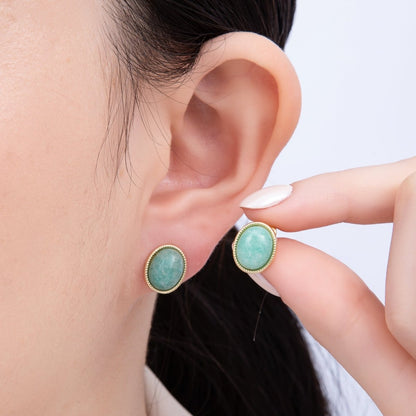 16K Gold Filled 12mm Amazonite, Carnelian, Green Agate, Labradorite Oval Gemstone Bezel Stud Earrings | EARRINGS-00234 - EARRINGS-00237